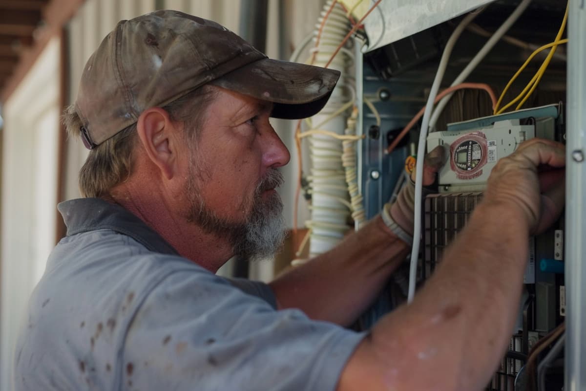 Man working on heat pump